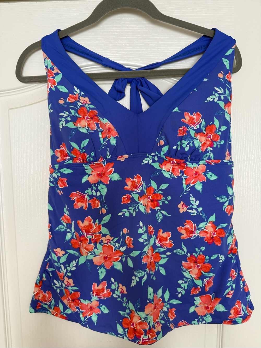 Lands' End Blue Swim Top with Coral Floral Accents and blue bottoms